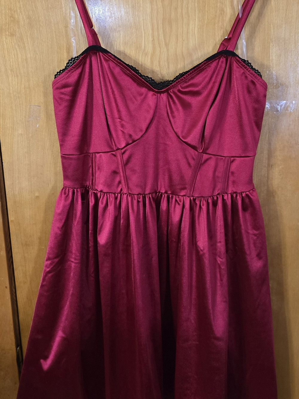 Satin Burgundy Chemise with Black Lace Trim